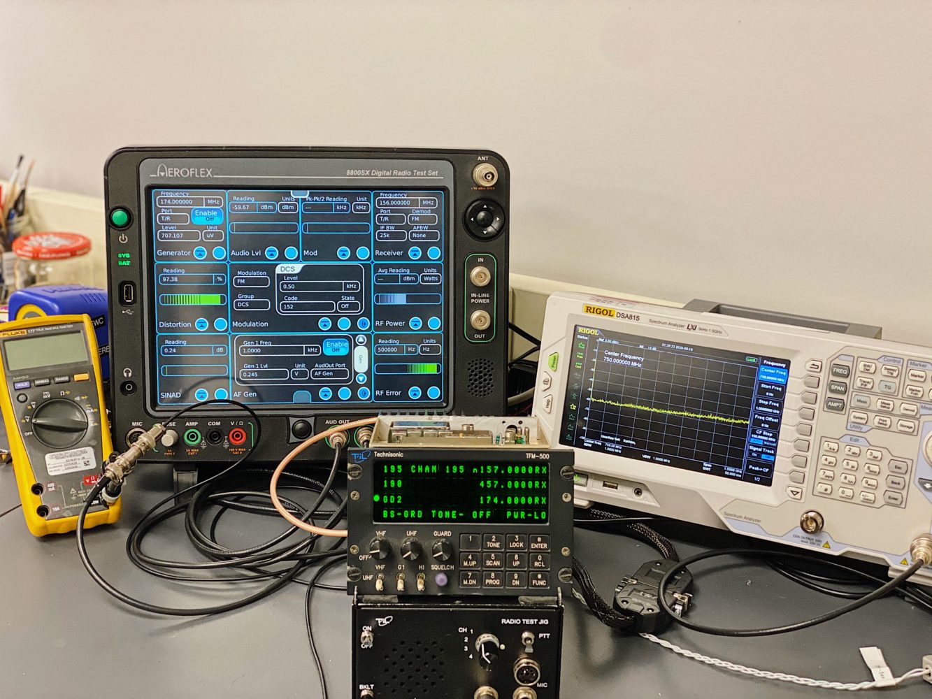 Real photo: aircraft radio on an Aeroflex digital radio test set at an avionics bench