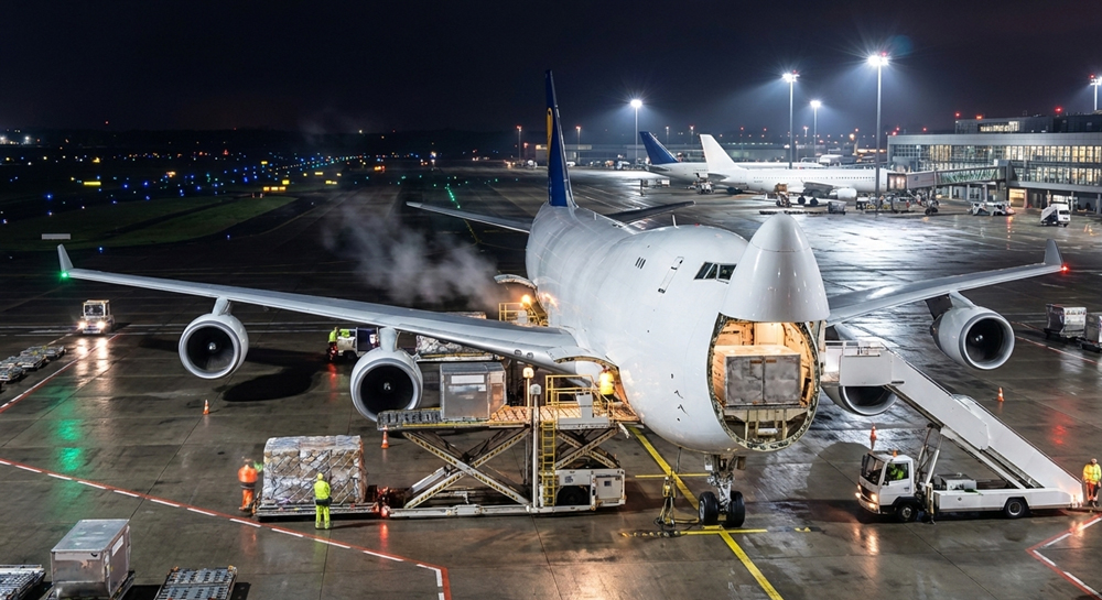Boeing 747 freighter being loaded through its raised nose door on a floodlit tarmac at night